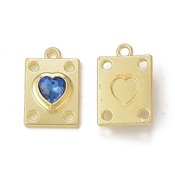 Rack Plating Alloy Glass Pendants, Golden, Rectangle with Heart Charms, Royal Blue, 19.5x12.5x5mm, Hole: 1.8mm