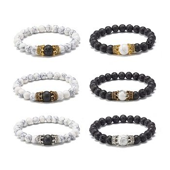 Natural Lava Rock & Natural and Synthetic Howlite Stretch Bracelets Set for Couples Best Friendship, Crown Alloy Beads Bracelets, Inner Diameter: 2-1/8~2-1/4 inch(5.5~5.7cm), 2pcs/set