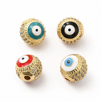 Brass Micro Pave Cubic Zirconia Beads, with Enamel Evil Eye, Round, Golden, Mixed Color, 10mm, Hole: 2mm