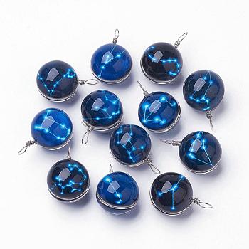 Luminous Glass Pendants, with Platinum Tone Brass Findings, Round with Constellation/Zodiac Sign, Random Mixed Constellations, 28~29x18~19mm, Hole: 4x5mm