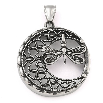304 Stainless Steel Pendants, Flat Round with Dragonfly Charm, Antique Silver, 40x36x5.5mm, Hole: 4x8.5mm