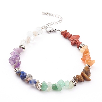 Chakra Chips Natural Gemstone Beaded Bracelets, with Alloy Beads, Antique Silver & Platinum, 8-1/4 inch(21cm)