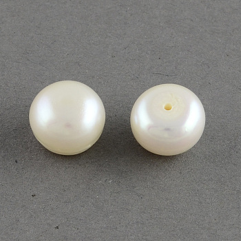 Grade AAA Natural Cultured Freshwater Pearl Beads, Half Drilled, Flat Round, White, 7~7.5x5mm, Half Hole: 1mm