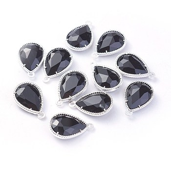 Glass Pendants, with Eco-Friendly Alloy Open Back Berzel Findings, Faceted, teardrop, Silver Color Plated, Black, 18x12x5mm, Hole: 1.4mm