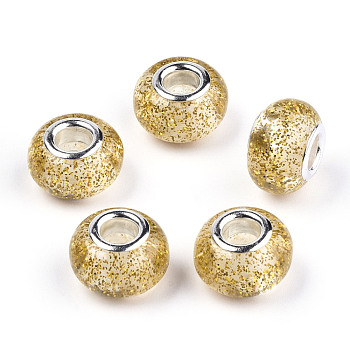 Epoxy Resin European Beads, Large Hole Beads, with Glitter Powder and Platinum Tone Brass Double Cores, Rondelle, Gold, 14x9mm, Hole: 5mm