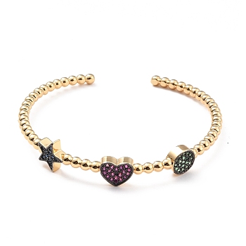 Colorful Cubic Zirconia Flat Round Heart Star Open Cuff Bangle, Brass Jewelry for Women, Cadmium Free & Lead Free, Real 18K Gold Plated, 1/8 inch(0.35cm), Inner Diameter: 2-1/4 inch(5.8cm)