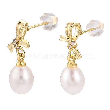 Natural Pearl & Cubic Zirconia Bowknot Dangle Stud Earrings(PEAR-N017-06D)-2