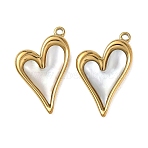 Natural Freshwater Shell Pendants, 304 Stainless Steel Heart Charms, Real 18K Gold Plated, Ion Plating(IP), White, 23x15x3mm, Hole: 1.6mm(STAS-G397-23G-01)