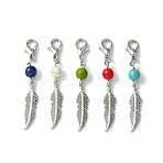 30Pcs 5 Colors Alloy Feather Pendant Decorations, with Dyed Synthetic Turquoise Beads and Alloy Lobster Claw Clasps, Mixed Color, 51mm, 6pcs/color(HJEW-JM01379-30B)