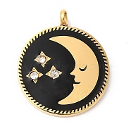 Ion Plating(IP) 304 Stainless Steel Pendants, with Rhinestone, Flat Round with Moon & Star, Golden, 20.5x17x2mm, Hole: 1.5mm(STAS-Q244-13G)