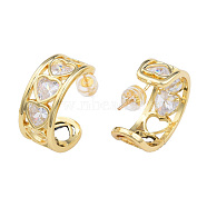 Cubic Zirconia Heart Half Hoop Earrings, Golden Brass Chunky Stud Earrings for Women, Nickel Free, Clear, 27x21mm, Pin: 0.7mm(EJEW-N011-65)