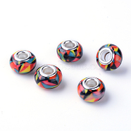 Printed Handmade Resin European Beads, Rondelle Large Hole Beads, with Platinum Tone Brass Cores, Orange Red, 13.5~14x8~8.5mm, Hole: 5mm(RESI-S338-09)