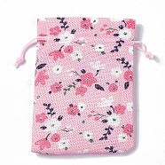 Burlap Packing Pouches Drawstring Bags, Rectangle, Pink, Flower, 13.5~14x10x0.35cm(ABAG-L016-A06)