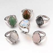 Teardrop Platinum Tone Brass Gemstone Adjustable Wide Band Rings, Natural & Synthetic Mixed Stone, 18mm, Tray: 20x17mm(RJEW-L062-02)