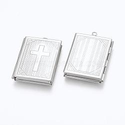 316 Stainless Steel Locket Pendants, Photo Frame Charms for Necklaces, Rectangle with Cross, Stainless Steel Color, 39.5x27x5.5mm, Hole: 2.4mm, Inner Size: 18.5x29mm(STAS-G146-10P)