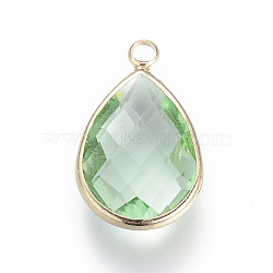 Glass Pendants, with Brass Findings, Faceted, Drop, Light Gold, Medium Sea Green, 14x7.5x4mm, Hole: 1.8~2.3mm(GLAA-S110-A-02)