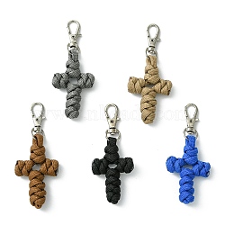 Handmade Woven Polyester & Spandex Cross Pendant Decorations, Alloy Swivel Clasps Charms for Bag Ornaments, Mixed Color, 97mm(HJEW-JM02690)