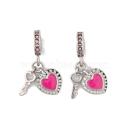 Rack Plating Alloy Light Rose Rhinestone European Dangle Charms, Key & Heart Large Hole Pendants with Enamel, Platinum, Deep Pink, 27.5mm, Hole: 4.5mm(FIND-C055-27P-03)