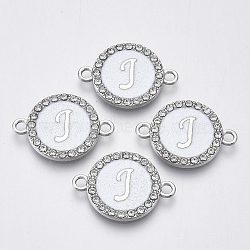 Alloy Enamel Links Connectors, with Crystal Rhinestones, Flat Round with Letter, Silver Color Plated, Letter.J, 22x16x2mm, Hole: 1.8mm(ENAM-TAC0003-01S-04J)