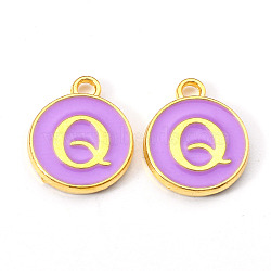 Golden Plated Alloy Enamel Charms, Enamelled Sequins, Flat Round with Letter, Medium Purple, Letter.Q, 14x12x2mm, Hole: 1.5mm(ENAM-S118-10Q)