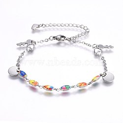 304 Stainless Steel Charm Bracelets, with Lobster Claw Clasps and Enamel, Key and Flat Round, Stainless Steel Color, 7-1/8 inch(18cm), 2.3~4.5mm, Charms: 8~13x6.5~8x1mm(STAS-O099-10P)
