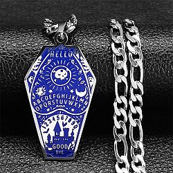 304 Stainless Steel Enamel Pendant Necklaces for Women Men, Coffin with Word, Stainless Steel Color, 23.58 inch(59.9cm)(NJEW-G123-08P)