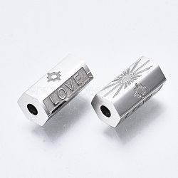 304 Stainless Steel Beads, Hexagonal Prism with Word Love, Stainless Steel Color, 11.5x6.5x6mm, Hole: 2mm(STAS-S116-310P)