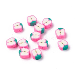 Handmade Polymer Clay Beads, Apple Slice, Hot Pink, 9.5~11x9~10x4.5~4.7mm, Hole: 1.6mm(X-CLAY-R069-01C-01)