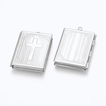 316 Stainless Steel Locket Pendants, Photo Frame Charms for Necklaces, Rectangle with Cross, Stainless Steel Color, 39.5x27x5.5mm, Hole: 2.4mm, Inner Size: 18.5x29mm