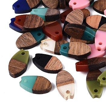Transparent & Opaque Resin & Walnut Wood Pendants, Oval Charms, with Gold Foil, Mixed Color, 16x9x2.5~4mm, Hole: 1.8mm