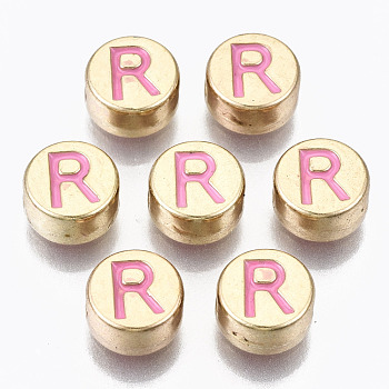 Alloy Enamel Beads, Cadmium Free & Lead Free, Flat Round with Initial Letters, Light Gold, Hot Pink, Letter.R, 8x4mm, Hole: 1.5mm
