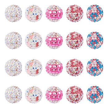 20Pcs 5 Style Polymer Clay Rhinestone Beads, Pave Disco Ball Beads, Round, Mixed Color, 16x16~17mm, Hole: 1.5~2mm, 4pcs/style