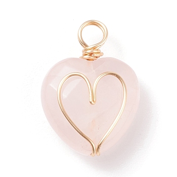 Natural Rose Quartz Pendants, Twisted with Golden Tone Copper Wire, Facted, Heart, 21x15x8.5mm, Hole: 3.4~4mm