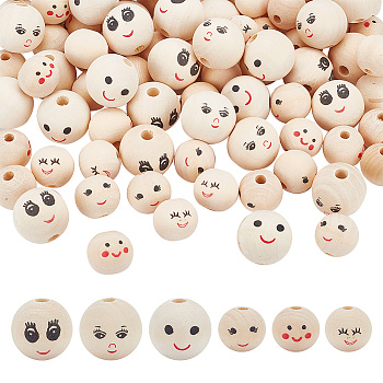 120Pca 6 Styles Printed Wood European Beads, Large Hole Round Beads with Smiling Face Pattern, Undyed, BurlyWood, 20~24.5x17.5~22.5mm, Hole: 4.7~4.9mm