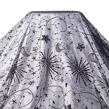 Sequin Star Moon Pattern Embroidered Polyester Mesh Fabrics, for DIY Sewing Dress, Black, 125~130x0.1cm