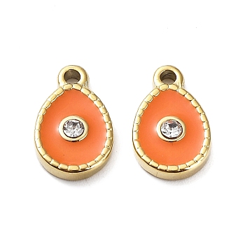 Ion Plating(IP) 304 Stainless Steel Charms, with Rhinestone and Enamel, Real 18K Gold Plated, Teardrop Charm, Coral, 12x8x2.5mm, Hole: 1.4mm