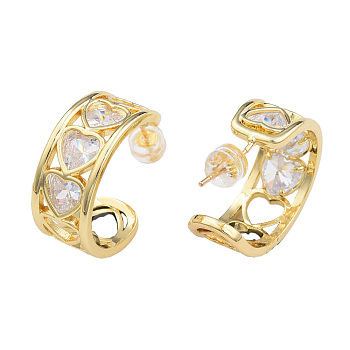 Cubic Zirconia Heart Half Hoop Earrings, Golden Brass Chunky Stud Earrings for Women, Nickel Free, Clear, 27x21mm, Pin: 0.7mm