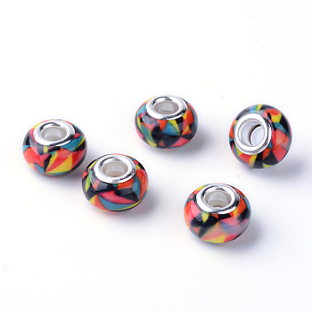 Printed Handmade Resin European Beads, Rondelle Large Hole Beads, with Platinum Tone Brass Cores, Orange Red, 13.5~14x8~8.5mm, Hole: 5mm