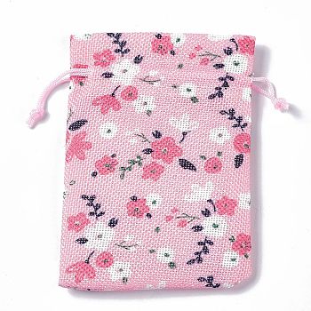 Burlap Packing Pouches Drawstring Bags, Rectangle, Pink, Flower, 13.5~14x10x0.35cm