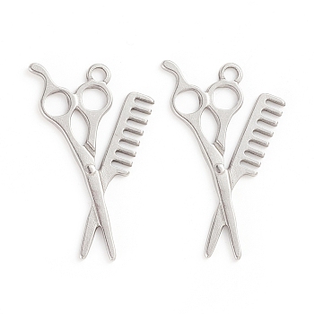 304 Stainless Steel Pendants, Hair Scissor, Stainless Steel Color, 33.5x22x1mm, Hole: 2.5mm