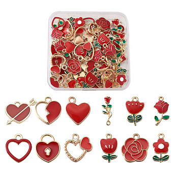 Alloy Enamel Pendants, Heart & Flower, Golden, Red, 72pcs/box