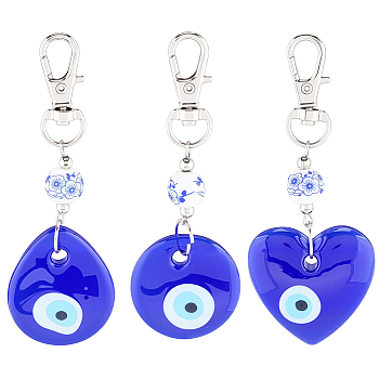 3Pcs 3 Styles Handmade Lampwork Evil Eye Pendant Decorations, with Round Porcelain Beads and Alloy Swivel Lobster Claw Clasps, Mixed Shapes, 85~88.5mm, 1pc/style