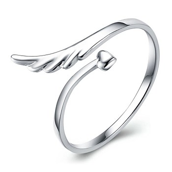 Adjustable Brass Cuff Rings, Open Rings for Women, Wing & Heart, Silver, US Size 6 1/2(16.9mm)