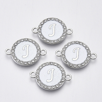 Alloy Enamel Links Connectors, with Crystal Rhinestones, Flat Round with Letter, Silver Color Plated, Letter.J, 22x16x2mm, Hole: 1.8mm