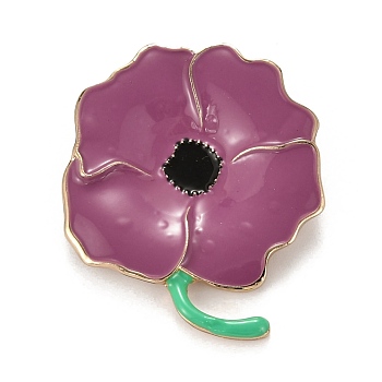 Alloy Brooches, with Rhinestone and Enamel, Remembrance Poppy Flower Badge, Medium Orchid, 48x38x9mm