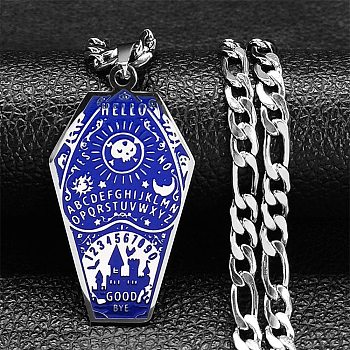304 Stainless Steel Enamel Pendant Necklaces for Women Men, Coffin with Word, Stainless Steel Color, 23.58 inch(59.9cm)