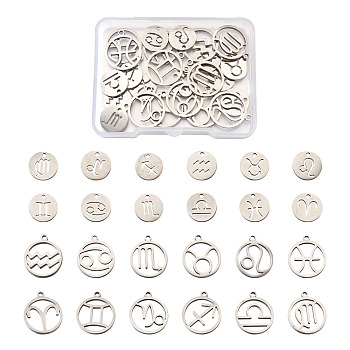304 Stainless Steel Charms,  Constellation/Zodiac Sign, Stainless Steel Color, 12x1mm, 18x16x1.5mm, Hole: 1~1.6mm, 24pcs/box