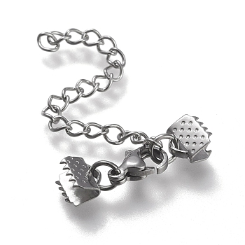 304 Stainless Steel Curb Chain Extender, with Lobster Claw Clasps and Ribbon Crimp Ends, Stainless Steel Color, 25mm long, Ribbon Ends: 6.5x6.5mm
