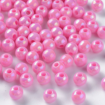 Opaque Acrylic Beads, AB Color Plated, Round, Hot Pink, 6x5mm, Hole: 1.8mm, about 4400pcs/500g