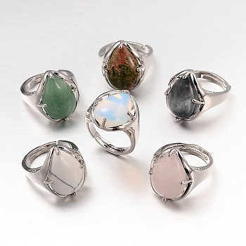 Teardrop Platinum Tone Brass Gemstone Adjustable Wide Band Rings, Natural & Synthetic Mixed Stone, 18mm, Tray: 20x17mm
